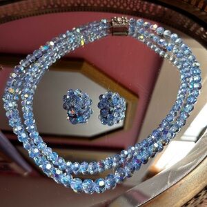 1960's Cinderella Blue Aurora Borealis Crystal Art Deco Clasp Jewelry Set